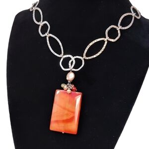 Vintage Sterling Silver Hand tooled Carnelian Agate Tassel Pendant Necklace